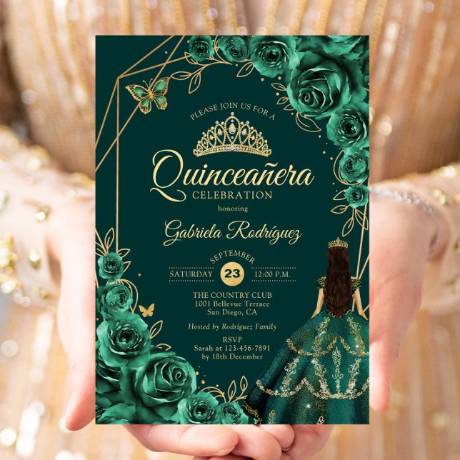 Convite Quinceanera Floral Emerald Gold Gold Dress (Criador carregado)