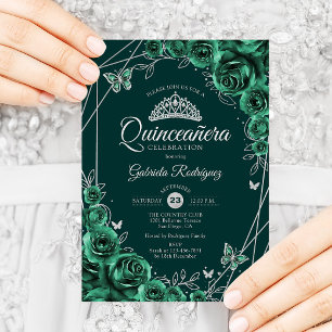 Convite Quinceanera Floral Emerald Green Silver