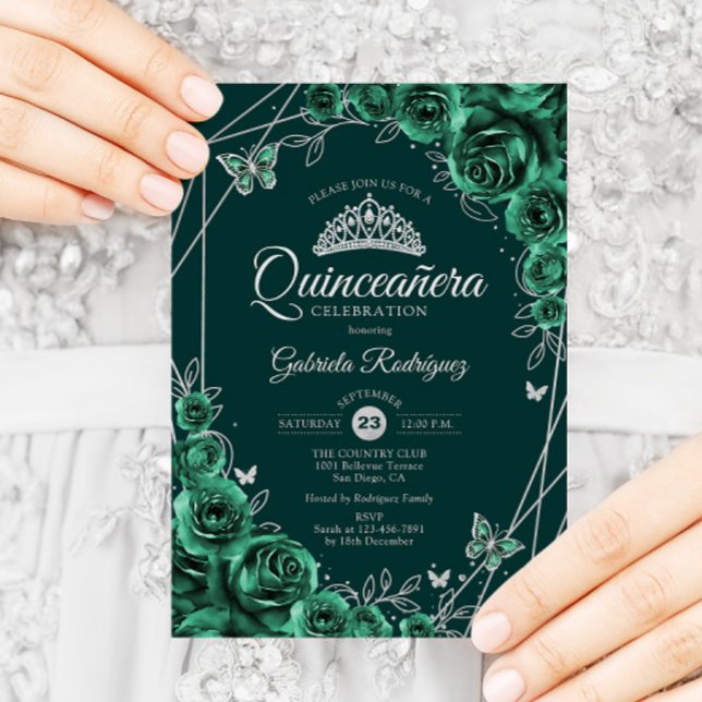 Convite Quinceanera Floral Emerald Green Silver (Criador carregado)