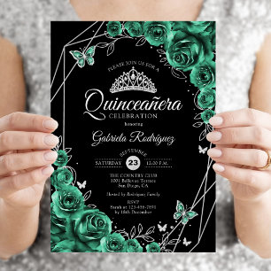 Convite Quinceanera Floral Emerald Green Silver Black