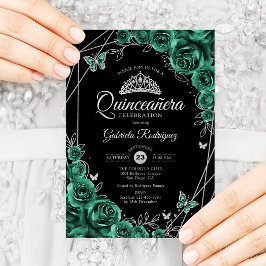 Convite Quinceanera Floral Emerald Green Silver Black