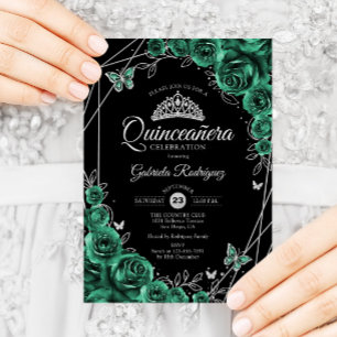 Convite Quinceanera Floral Emerald Green Silver Black