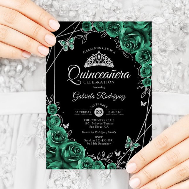 Convite Quinceanera Floral Emerald Green Silver Black (Criador carregado)