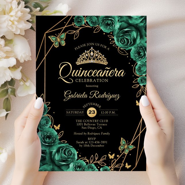 Convite Quinceanera Floral Esmerald Verde Dourado (Criador carregado)