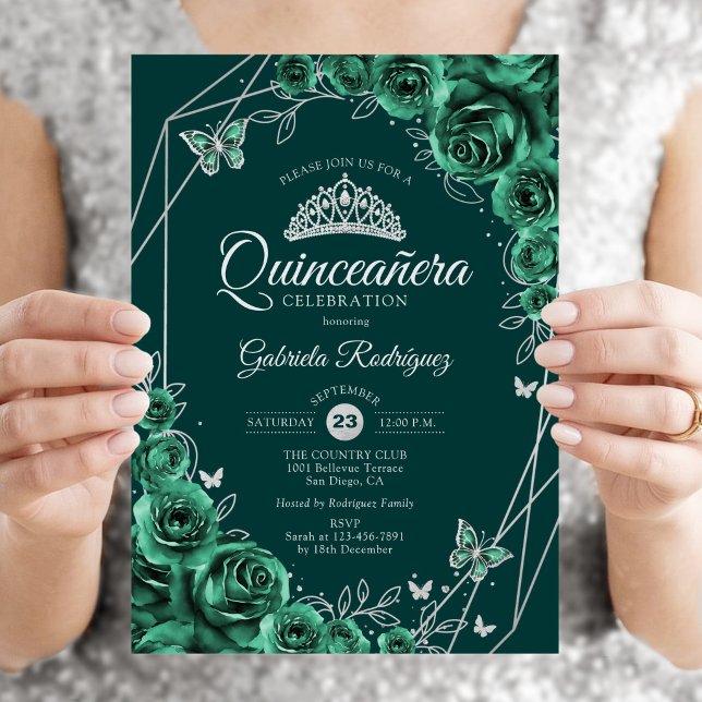 Convite Quinceanera Floral Esmeralda Verde Prata (Criador carregado)