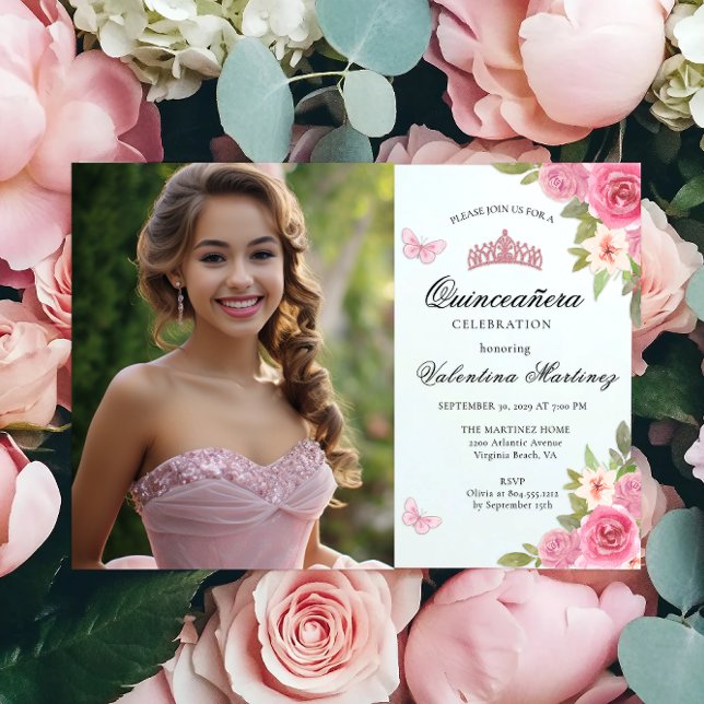 Convite Quinceanera Floral Fotográfica Rosa Esbranquiçada (Criador carregado)