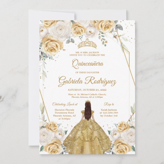 Convite Quinceanera Floral Gold Invitation (Frente)