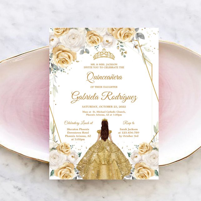 Convite Quinceanera Floral Gold Invitation (Criador carregado)