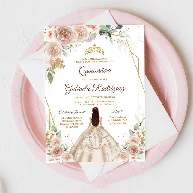 Convite Quinceanera Floral Gold Invitation (Criador carregado)