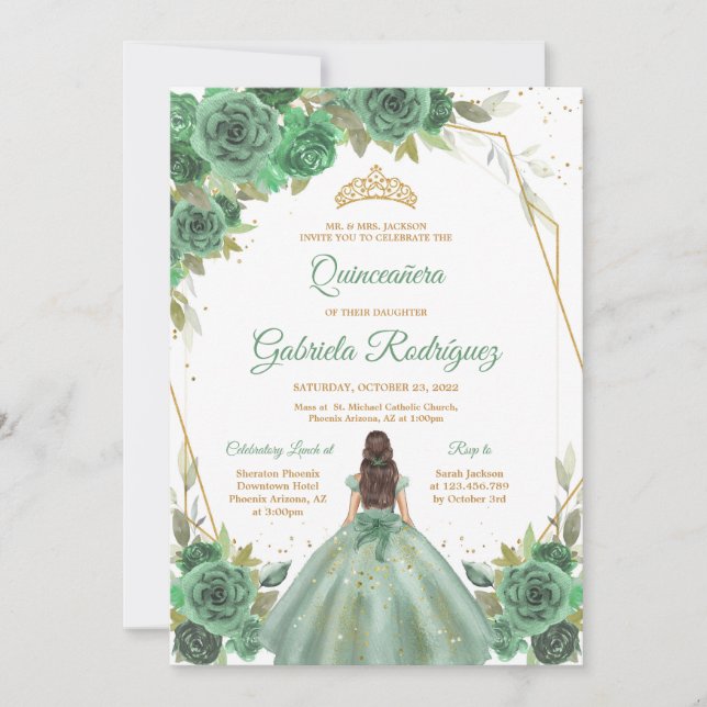 Convite Quinceanera Floral Green Gold Invitation (Frente)