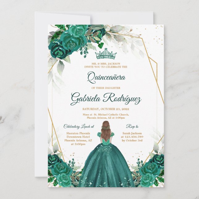 Convite Quinceanera Floral Green Gold Invitation (Frente)