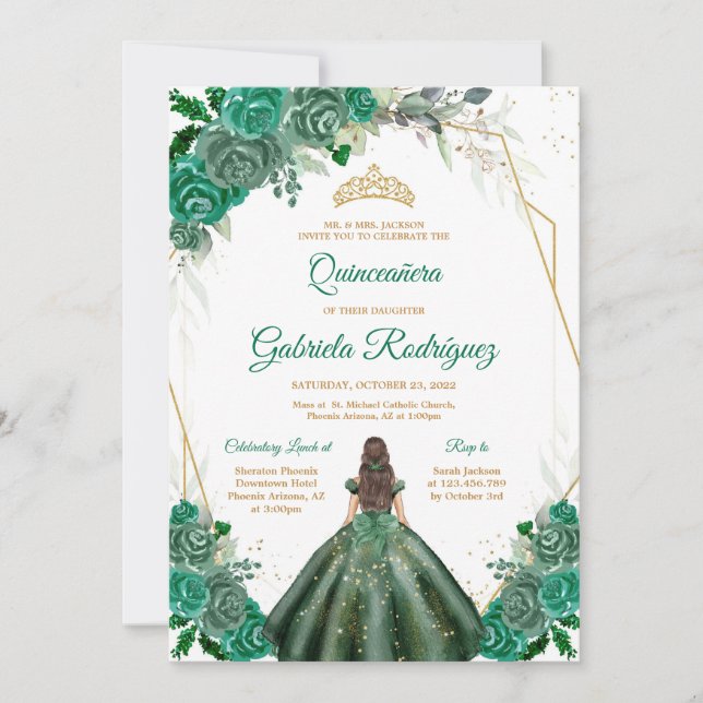 Convite Quinceanera Floral Green Gold Invitation (Frente)