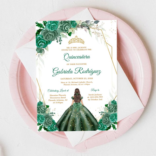 Convite Quinceanera Floral Green Gold Invitation (Criador carregado)