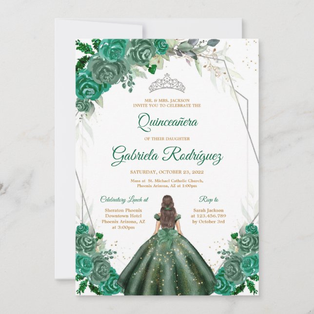 Convite Quinceanera Floral Green Silver Invitation (Frente)