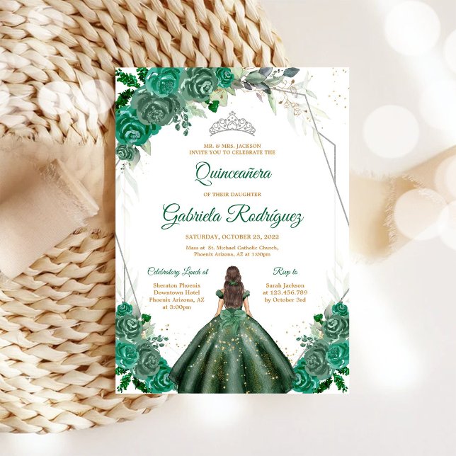 Convite Quinceanera Floral Green Silver Invitation (Criador carregado)