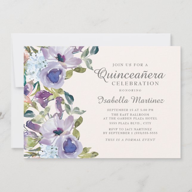 Convite Quinceañera Floral Horizontal Azul Elegante (Frente)