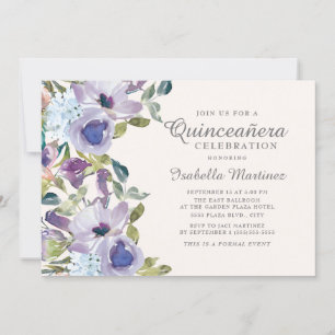 Convite Quinceañera Floral Horizontal Azul Elegante
