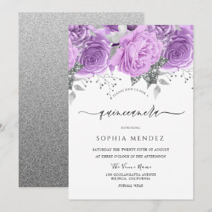 Convite Quinceanera Floral lavanda Prata Roxa