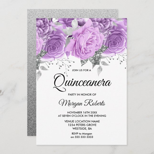 Convite Quinceanera Floral lavanda Prata Roxa (Frente/Verso)