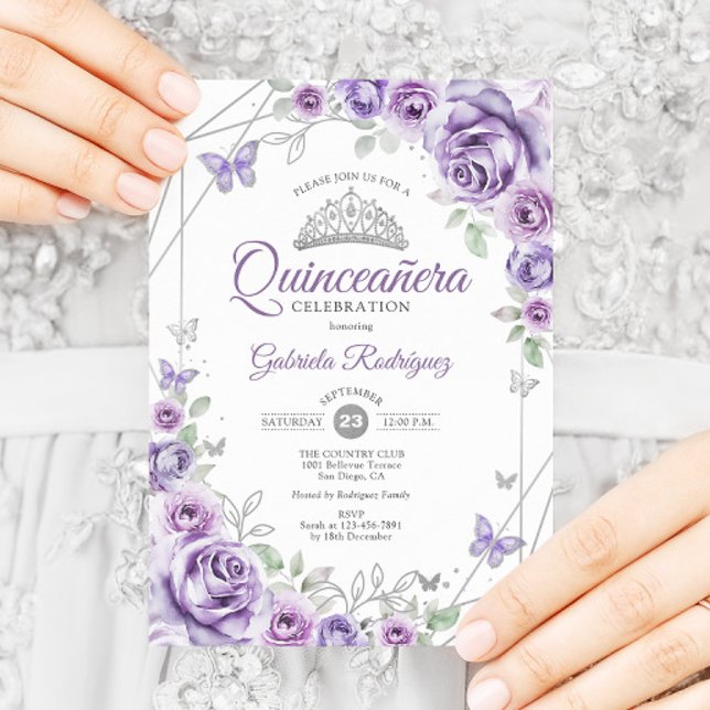 Convite Quinceanera Floral Lilás Púrpura Silver (Criador carregado)