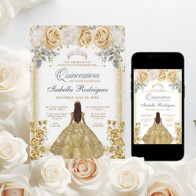 Convite Quinceanera Floral Luxe Arco Dourado Aniversário (Criador carregado)