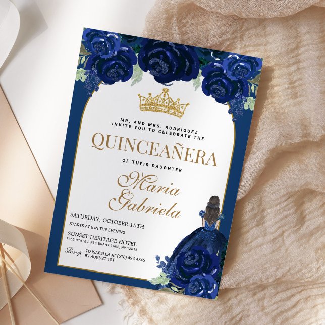 Convite Quinceanera Floral Marinho Azul Dourado Mis Quince (Criador carregado)