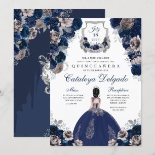 Convite Quinceañera Floral marinho Azul e Silver