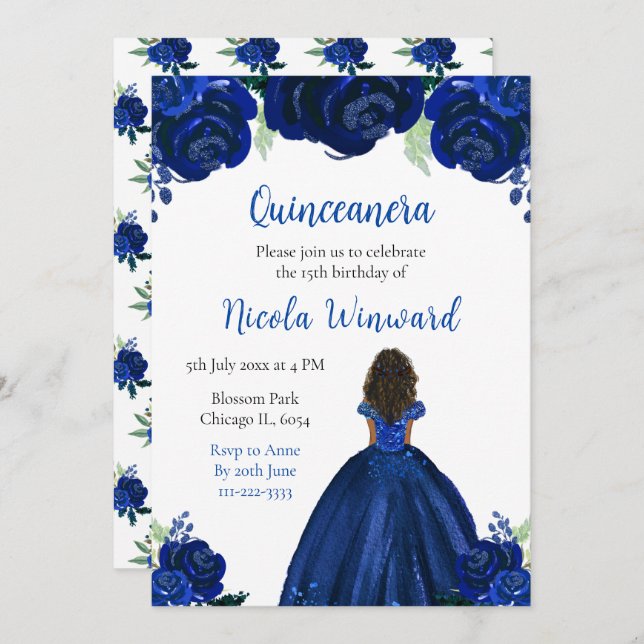 Convite Quinceanera Floral Marinho Princesa da Pele Escura (Frente/Verso)