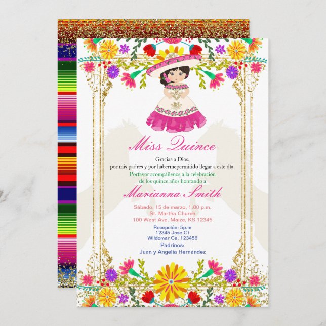 Convite Quinceañera Floral Mexicana Colorida Rosa (Frente/Verso)