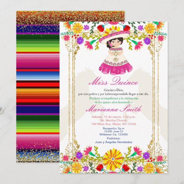 Convite Quinceañera Floral Mexicana Cor-de-rosa  (Frente/Verso)
