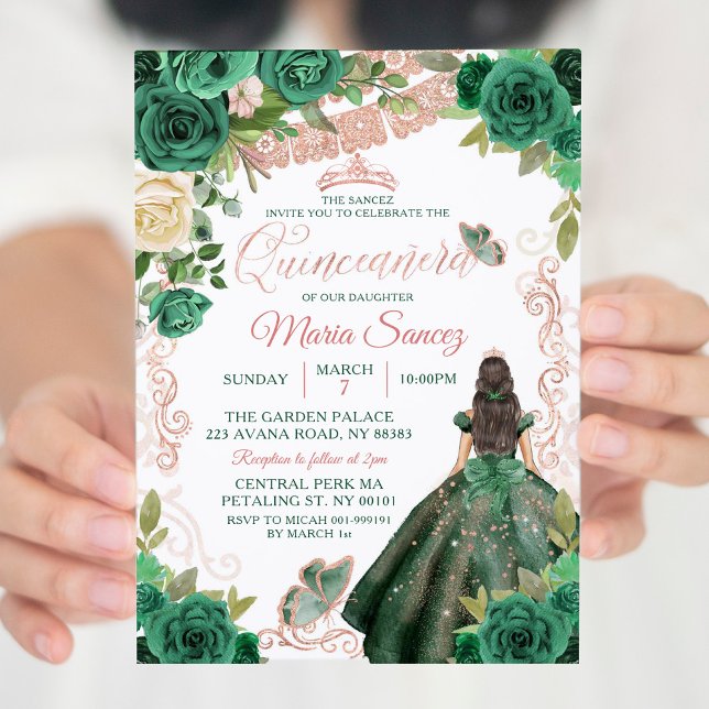 Convite Quinceañera Floral Mexicana rosa Dourada Hunter Ve (Criador carregado)