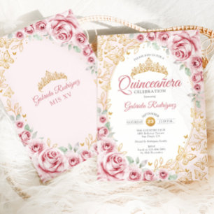 Convite Quinceanera Floral Ouro Rosa
