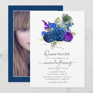 Convite Quinceañera Floral Peacock Vintage Azul Marinho e
