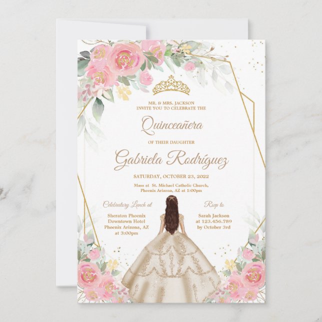 Convite Quinceanera Floral Pink Gold Invitation (Frente)