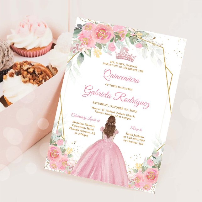 Convite Quinceanera Floral Pink Gold Invitation (Criador carregado)