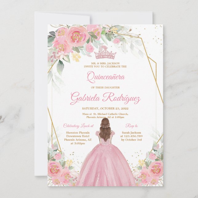 Convite Quinceanera Floral Pink Gold Invitation (Frente)