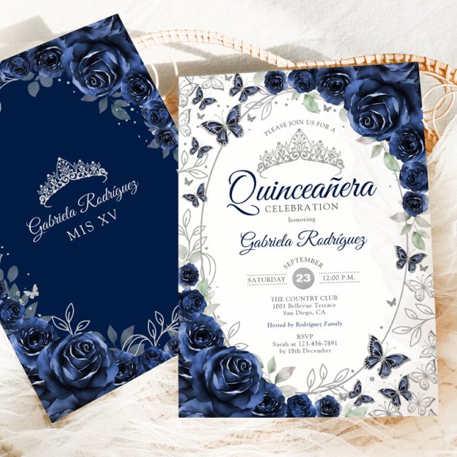 Convite Quinceanera Floral Prata Marinho (Criador carregado)