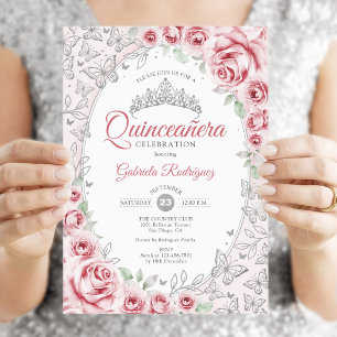 Convite Quinceanera Floral Prata Rosa