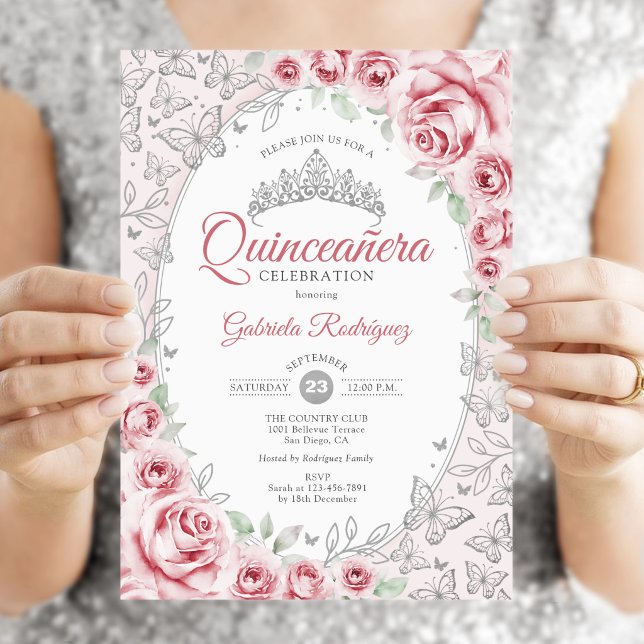 Convite Quinceanera Floral Prata Rosa (Criador carregado)