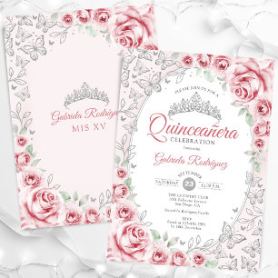 Convite Quinceanera Floral Prata Rosa