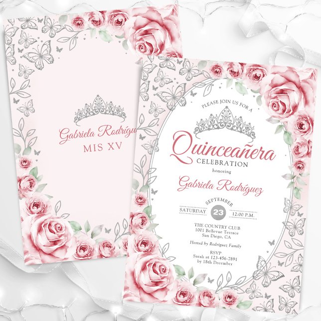 Convite Quinceanera Floral Prata Rosa (Criador carregado)
