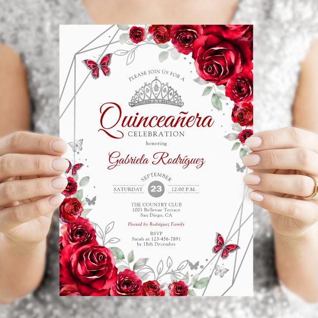 Convite Quinceanera Floral Prata Vermelha (Criador carregado)