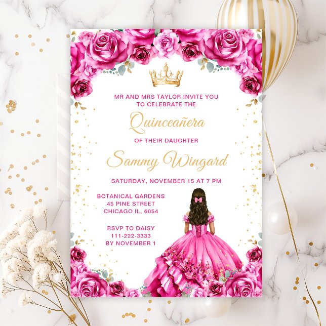 Convite Quinceañera Floral Princesa Rosa Quente (Criador carregado)