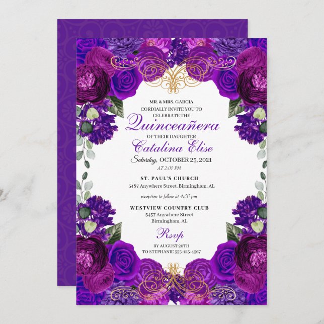 Convite Quinceanera Floral Puro e Dourado Aniversário (Frente/Verso)