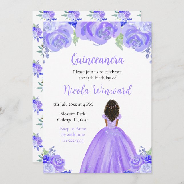 Convite Quinceanera Floral Puro, Princesa da Pele Escura (Frente/Verso)