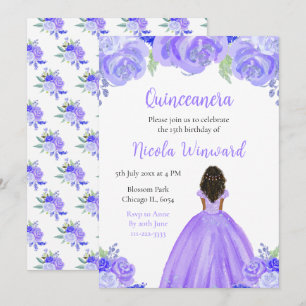 Convite Quinceanera Floral Puro, Princesa da Pele Escura