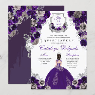Convite Quinceañera Floral Púrpura e Silver