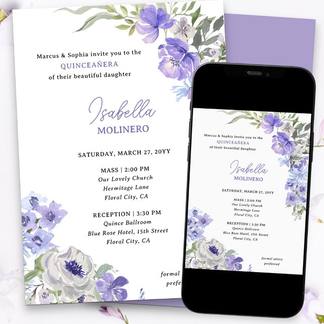 Convite Quinceanera Floral Púrpura Peri e Massa (Purple floral quinceanera invitation)