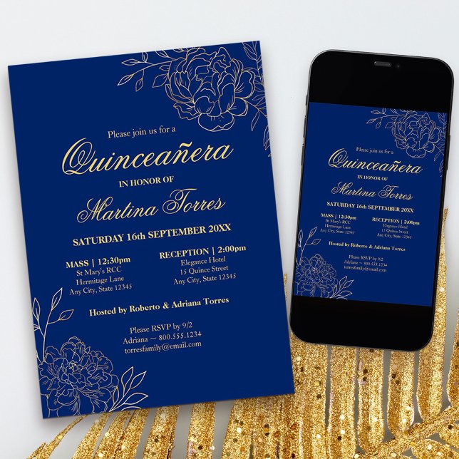 Convite Quinceanera Floral Real Azul Dourada Elegante (Blue & Gold Quinceanera Invitation with church ceremony, from my Gold Sketched Floral collection)