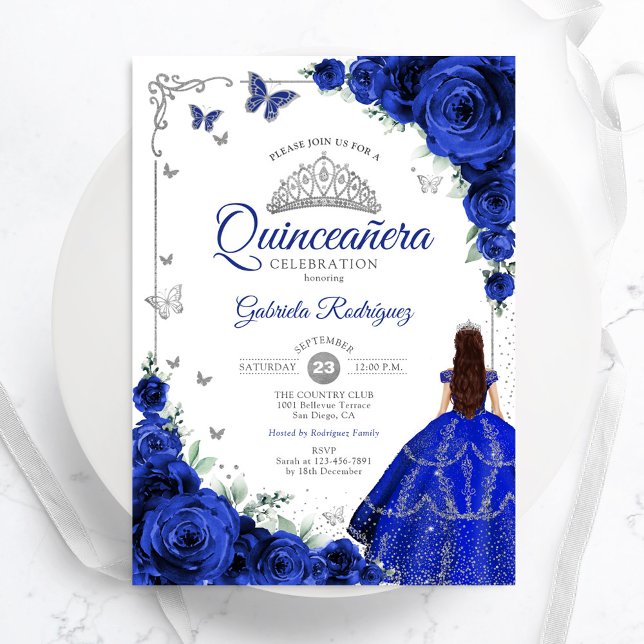 Convite Quinceanera Floral Real Azul Elegante (Criador carregado)